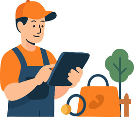This illustration shows a delivery worker in an orange cap and uniform, using a tablet to check orders, with a shopping bag, coin, and tree beside him.