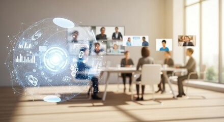 Virtual Conference Meeting with Digital Globe and Business People in Modern Office