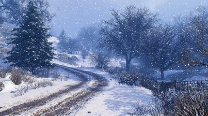 Obraz premium Snowy Pathway Through Winter Forest With Flakes Falling And Frosted Trees In Scenic Landscape