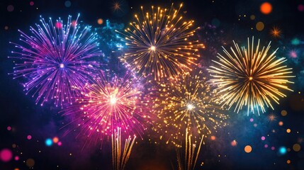 Colorful round fireworks exploding against dark night sky, illuminating the surroundings with bright sparks and festive energy
