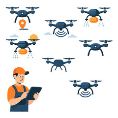 Illustration set showing a farmer operating multiple drones with different functions such as delivery, spraying, navigation, and monitoring.