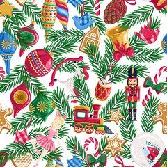 Christmas toys on white background. Seamless pattern.Texture for fabric, wrapping, wallpaper