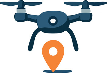 The image shows a dark blue drone hovering above an orange location pin, symbolizing GPS-based drone delivery or navigation.