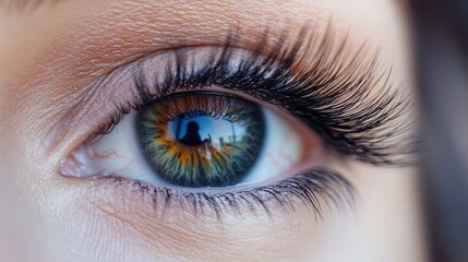 Obraz premium Detailed view of eye and eyelash extensions, focusing on lashes' length and volume against smooth skin background