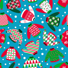 Holiday background. winter clothes in traditional red green white colors. Hat, mittens and socks seamless pattern.Texture for fabric, wrapping, wallpaper