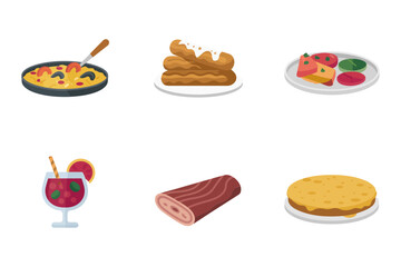 Paella and sweets set, seafood pan, churros, sangria, jamon, pizza slice style, dessert wedge, cuisine icons, vector pack
