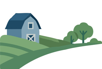 An illustration of a countryside scene featuring a blue barn on rolling green hills with trees in the background.