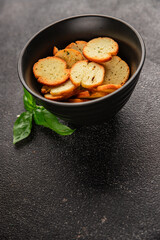 Crisps croutons with greens croutons delicious snack fresh delicious gourmet food background on the table  rustic food top view copy space