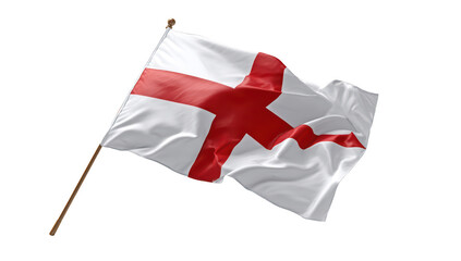 Waving white flag with a red cross on a wooden pole