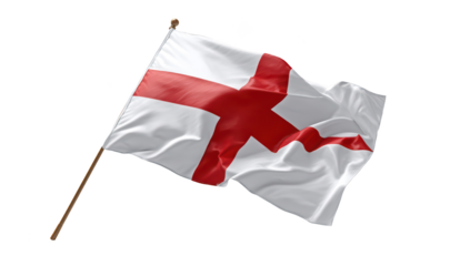 Waving white flag with a red cross on a wooden pole