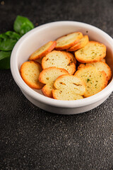 Crisps croutons with greens croutons delicious snack fresh delicious gourmet food background on the table  rustic food top view copy space