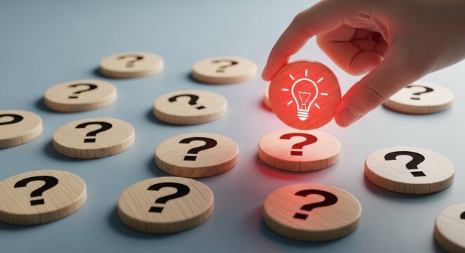 Finding Solution Concept with Question Marks and Lightbulb Idea.