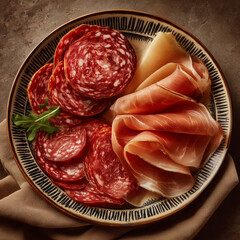 Italian appetizer: salami and raw ham, top view