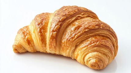 Golden brown croissant with visible airy layers and crunchy surface, isolated on white background for culinary and bakery design