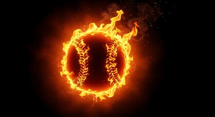 Fiery baseball ablaze with flames against a dark backdrop for sports design