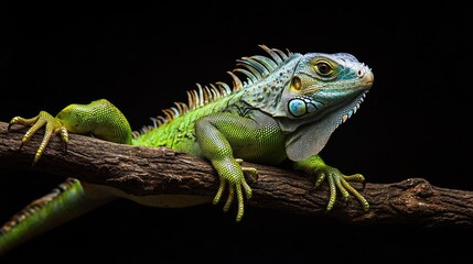 Obraz premium Green iguana sitting calmly on branch, isolated on black background, emphasizing reptile features and exotic wildlife detail