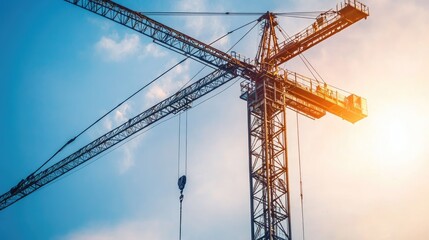 High-reaching construction crane arm with dangling hook, framed against morning sky, symbolizing ambition, progress, and modern city development