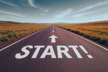 Start arrow journey motivation opportunity inspire progress down road surrounded by expansive nature and sky