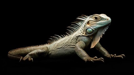 Obraz premium Iguana isolated on deep black background, fully visible body and tail, emphasizing reptile anatomy and exotic appearance