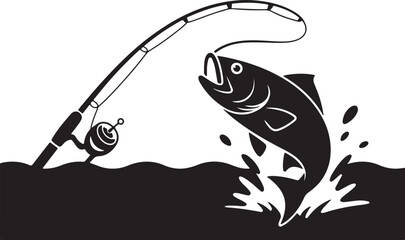 Vector art of fishing rod and fish jumping out of water, vector illustration in black and white for sport and recreation