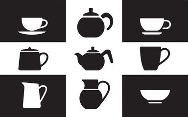 Vector art of collection of tea and coffee cups, teapots, and jugs, vector illustration in black and white for design element
