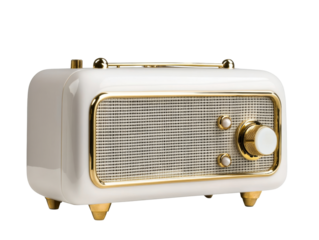 Retro white and gold radio with knobs and speaker grill on white background