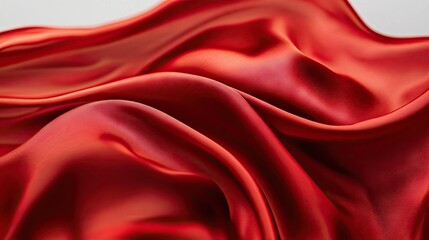 Obraz premium Luxurious red satin fabric floating in wind with natural folds, set against clean light background for fashion and design concepts