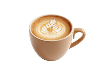 Latte art in a beige mug against black. Exquisite coffee drink with leaf design