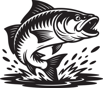 Illustration of a jumping fish with splash, perfect for fishing logo or design element with vintage style