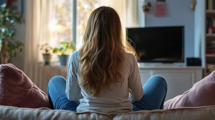 Obraz premium Rear shot of young woman sitting on sofa with remote control, relaxed posture in cozy home interior, suggesting weekend comfort and movie time