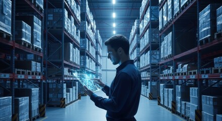 Young Man Using Digital Tablet in Warehouse with Shelves of Boxes and Blue Data Overlay