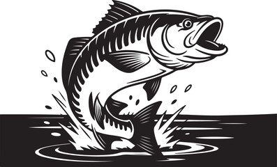 Illustration of a jumping fish with splash, perfect for fishing logo or design element with vintage style