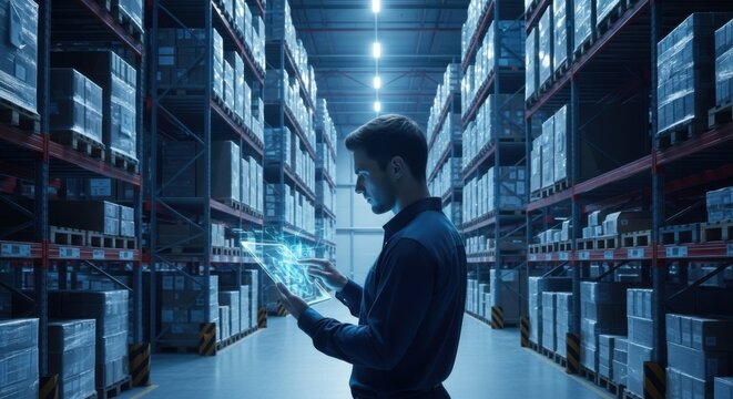 Young Man Using Digital Tablet in Warehouse with Shelves of Boxes and Blue Data Overlay