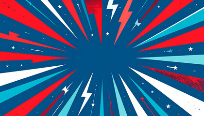 Abstract background with red, white, and blue rays emanating from the center, creating a dynamic and patriotic design for celebrations