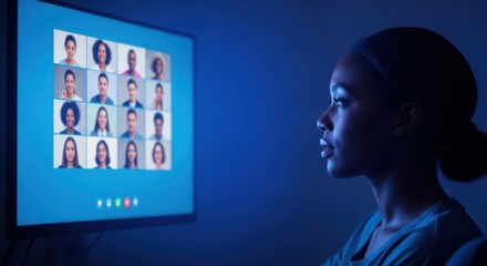 Young Woman Participating in Video Conference on Computer Screen in Dark Room