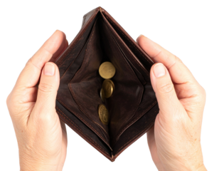 Two Hands Holding an Empty Brown Wallet with Loose Coins, Transparent Background