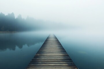 A misty, tranquil scene of a wooden pier extending over a calm lake, surrounded by foggy trees, perfect for conveying serenity and nature's beauty.