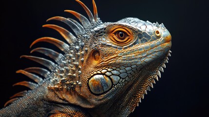 Fototapeta premium Side view of iguana on dark background, showcasing textured scales, spines, and vivid eye, perfect for wildlife photography