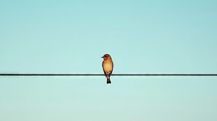 Single bird resting on cable against clear sky, highlighting freedom, balance, and natural tranquility