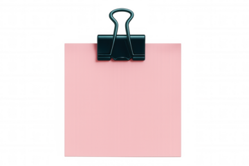Pink sticky note held tightly by black binder clip against clean transparent background, highlighting minimalist communication method