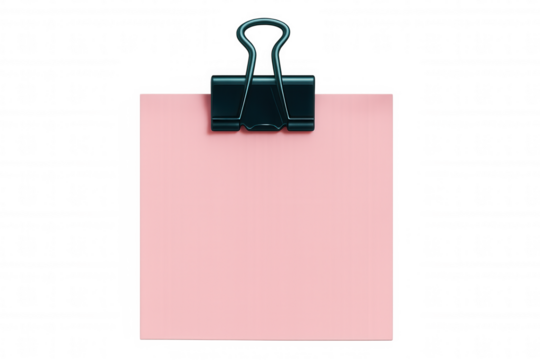 Pink sticky note held tightly by black binder clip against clean transparent background, highlighting minimalist communication method
