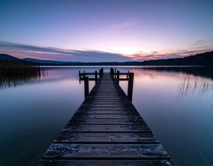 Fototapeta premium Serene Lake View at Dusk from a Wooden Dock Peaceful Atmosphere