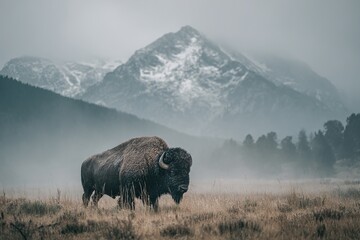 A lone bison stands in a misty field with a snowy mountain in the background, creating a dramatic nature scene.