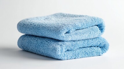 Soft folded microfiber towel isolated on clean white background, showcasing smooth texture and absorbent material for cleaning or spa use