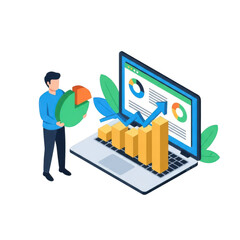 3d business analytics presentation with data visualization laptop and man isolated on transparent background