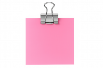 Pink sticky note attached with a binder clip on a transparent background, creating a simple yet effective visual for reminders and notes