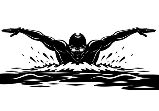 Black and white silhouette of a swimmer performing the butterfly stroke, wearing swimming goggles and a swim cap, in a dynamic horizontal position within the water. Vector Illustration. - Powered by Adobe