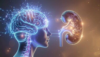 Conceptual medical illustration showing the neural connection between the human brain and kidney, neuro-nephrology