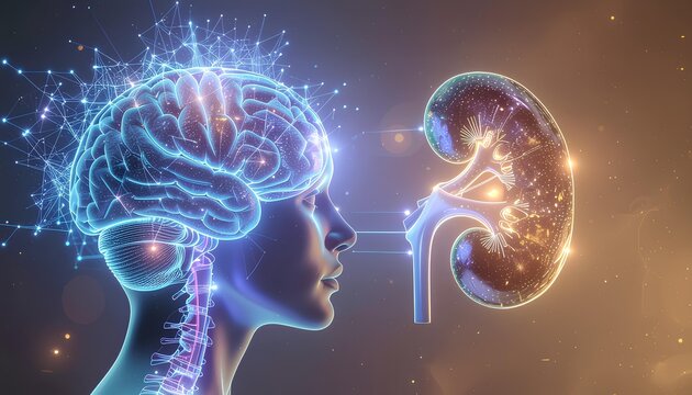 Conceptual medical illustration showing the neural connection between the human brain and kidney, neuro-nephrology