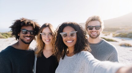 Group of diverse friends smiling and posing for a selfie at the beach, enjoying a sunny day with a beautiful coastal backdrop